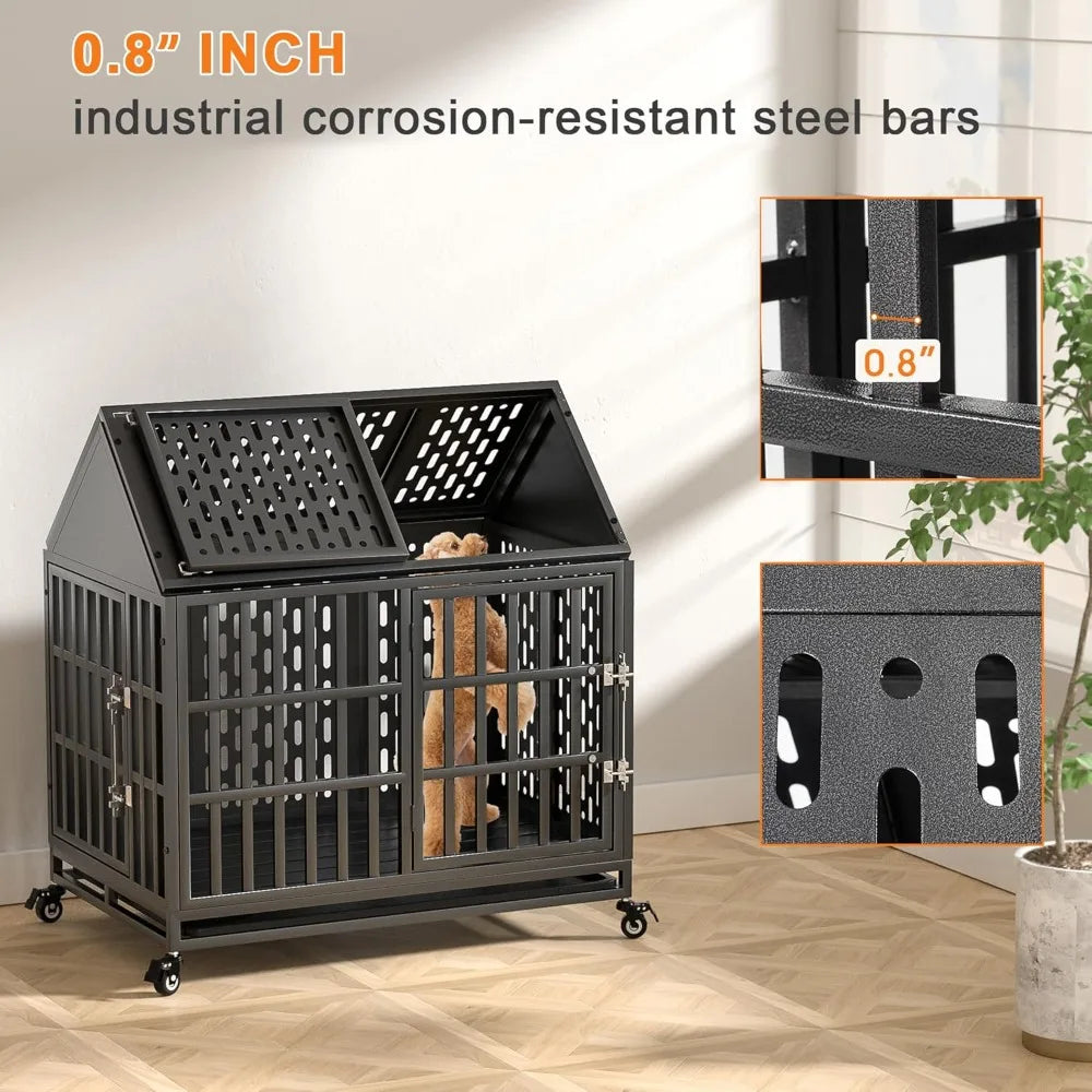 38-42 Inch Heavy Duty Dog Crate with Self-Locking Latch for High Anxiety Dogs, Indestructible Large Kennel Indoor with Pointed