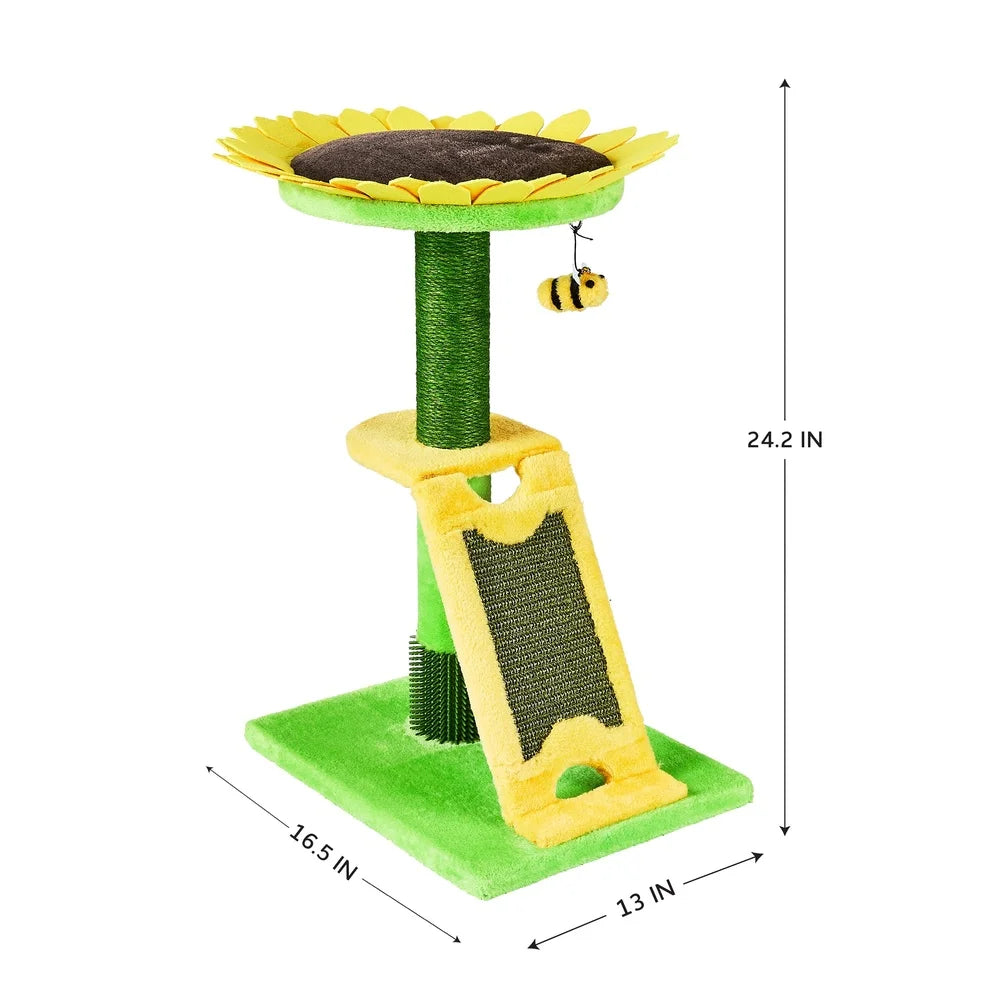 2-Level Cat Scratching Post with Sunflower Design Sisal Rope Bee Toy Sturdy Base Easy Assembly Promotes Healthy Claws Portable