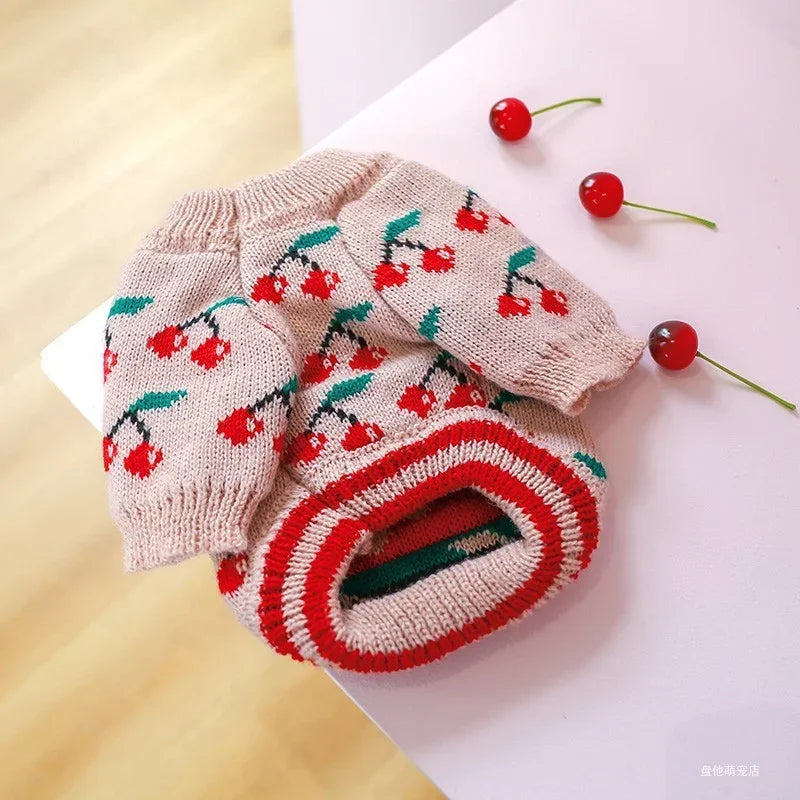 Dog or Cat Warm Winter Pink Cherry Knitted Sweater