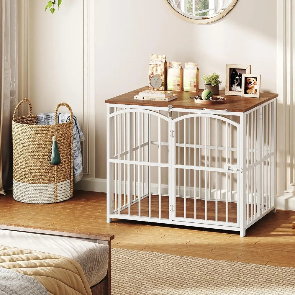 Foldable Wooden Dog Crate Furniture, 31.5 Indoor Kennel, Medium Size Dog Cage with Decorative Side Table