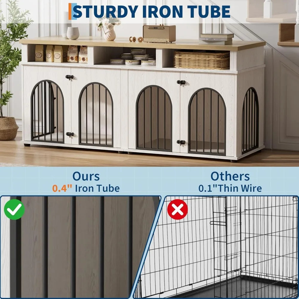 Garvee Double Dog Crate Furniture 71 Dog Kennel Furniture for 2 Medium Dogs, Heavy Duty Dogs Cage XL Dogs House Indoor with 3 St