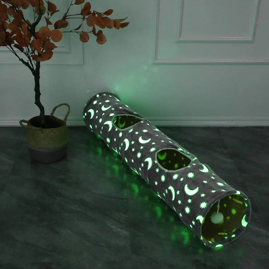 Collapsible Self-Luminous Photoluminescent Cat Tunnel Tube with Plush Ball Toys for Small Pets Bunny Rabbits Kittens Ferrets Pup