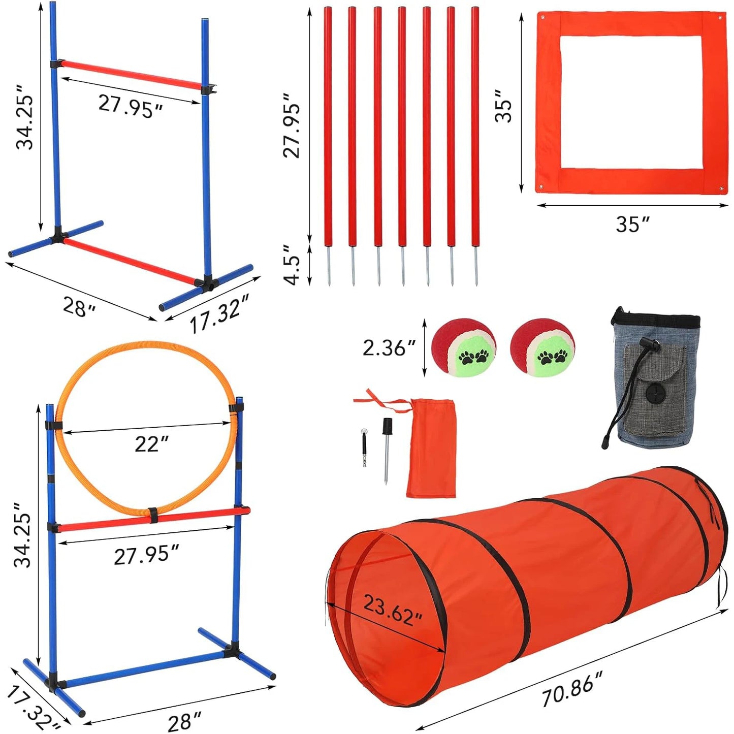87 Pcs Dog Agile Training Equipment Set
Obstacle Course Kit with 70" Tunnel, Tire Jump, Hurdle Jump, Weave Poles for Outdoor