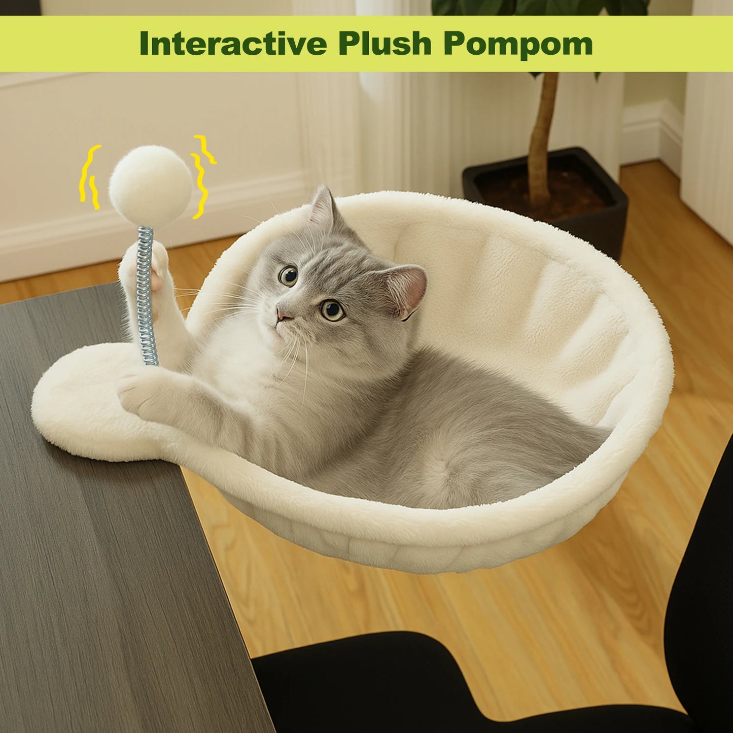 Cozy Removable & Portable Cat Bed, Safe Cat Hammock & Basket with Interactive Plush Ball Toy, Beige,Perfect for Indoor Cats&Desk Use