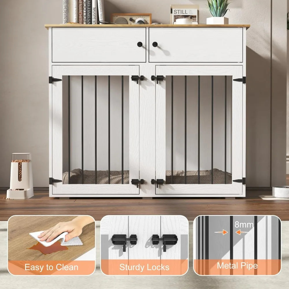 Dog Crate Furniture, 41 Inch Dog Kennel Indoor with Removable Divider & Double Doors, Wooden Dog Crates for 2 Dogs,