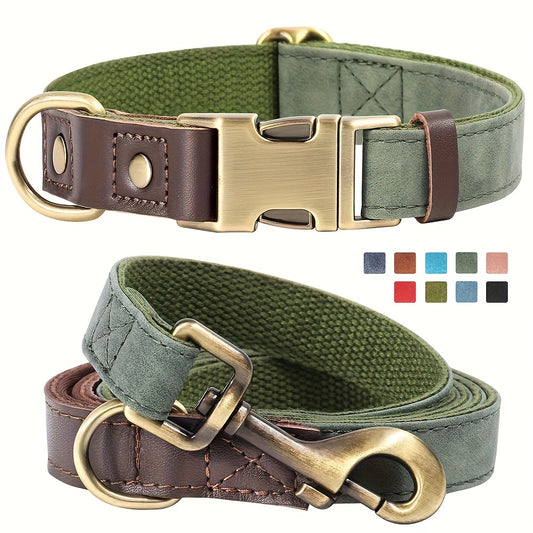 Synthetic Leather Pet Collar and Leash Set, Vintage Color Durable Nylon Webbing Lined Dog Collar Suitable for Large, Medium, and Small Dogs