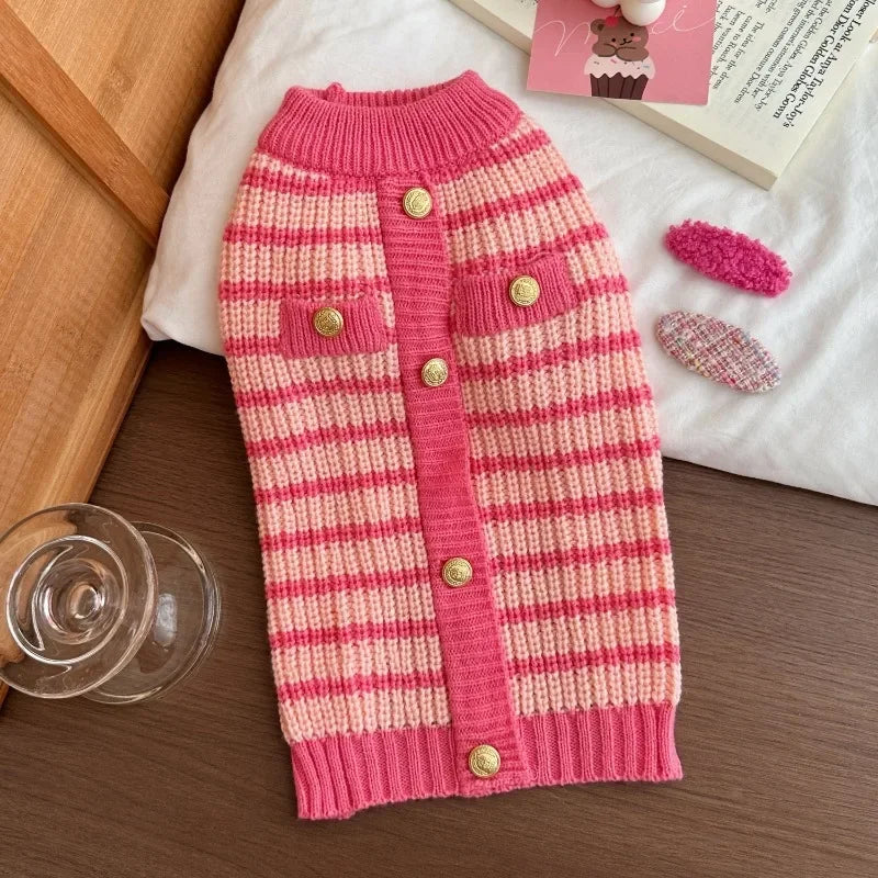 Autumn and Winter Dog Thick Warm Sweater Teddy Pet Dog Clothes Pink Striped Party Outfit Photograph Outdoor Dog Walking Outfit
