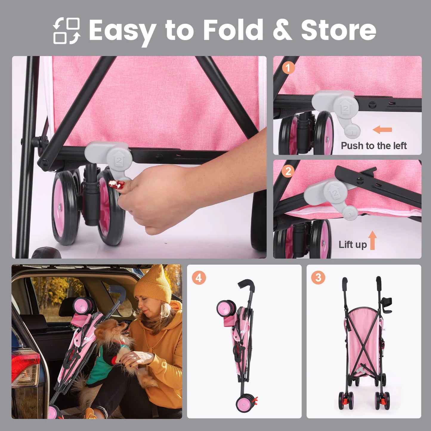 Pet Dog Stroller 4 Wheels Puppy Stroller Rotate with Brakes Storage for Dogs Cats Travel Pet Supplies Outdoor