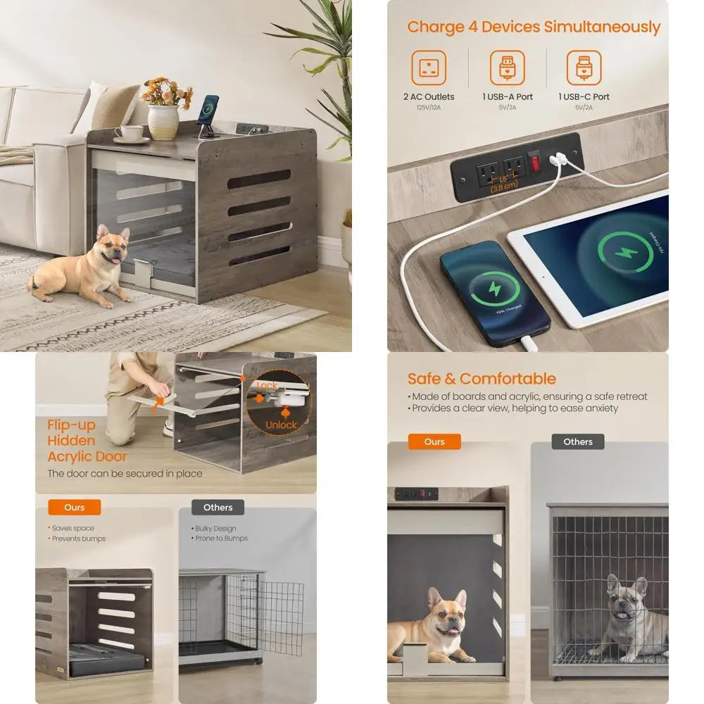 Feandrea Modern Dog Crate Furniture with Charging Station, Kennel Indoor with Flip-up Hidden Acrylic Door, for Small and Medium