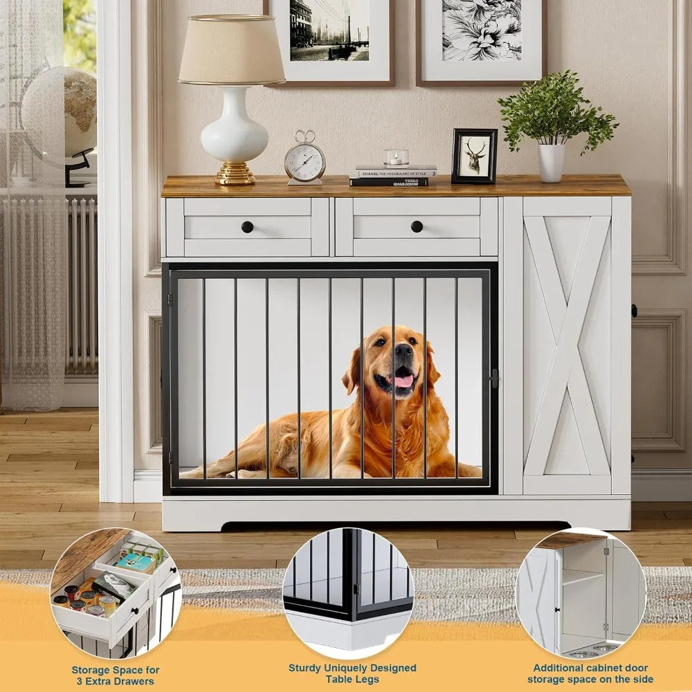 Dog Crate Furniture, Dog Crate for Small to Large Dogs with Storage Cabinet and Feeder, Dog Kennel Furniture with Double Doors