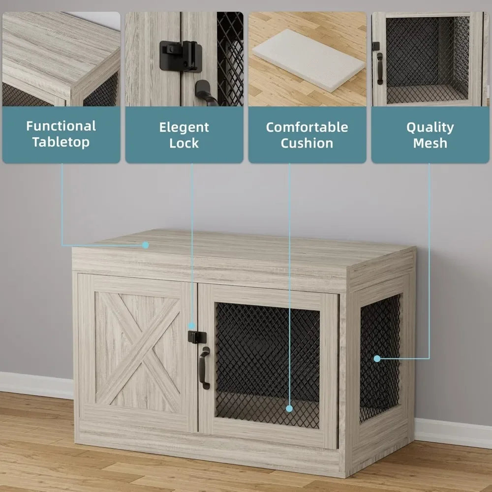 Corner Dog Crate Furniture with Double Doors, 36 Inch Wooden Dog Kennel End Table Indoor with Mesh, Cage/House for Small Medium