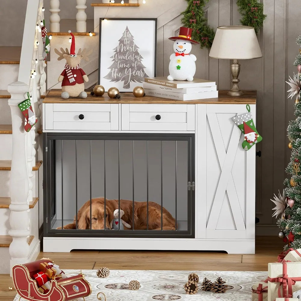 Dog Crate Furniture, Dog Crate for Small to Large Dogs with Storage Cabinet and Feeder, Dog Kennel Furniture with Double Doors