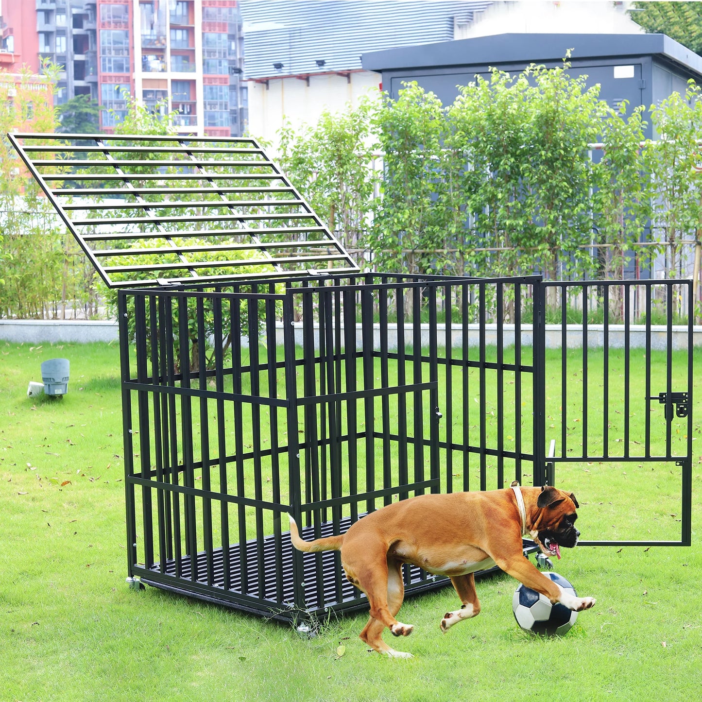 Heavy Duty Dog Crate with 4 Lockable Wheels 3 Doors and Removable Tray Metal Pet Kennels Cage Playpen