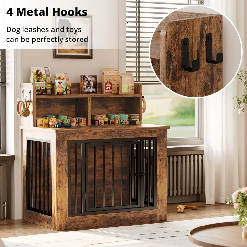 Dog Crate Furniture, 33.4 inches Wooden Small Dog Crate with Storage and 4 Hooks, Heavy Duty Pet Crate for Small Dog, Dec