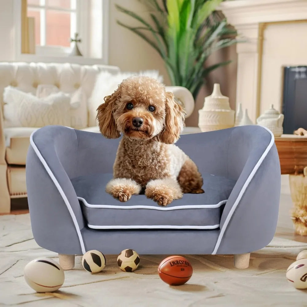 Gray 27-inch pet sofa with cushion, removable cover and wooden legs for small dogs and cats