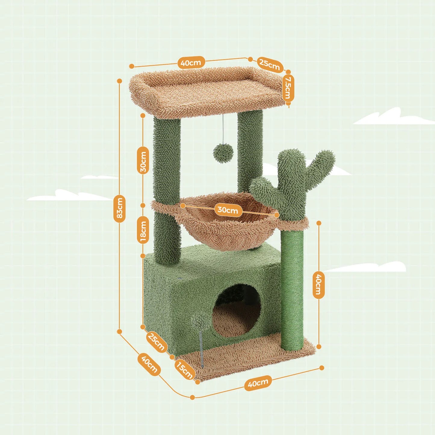 Small Cat Tower with Large Condo, Scratching Post, Deep Hammock, Cozy Top Perch, or 4-in-1 Cactus Cat Tree for Indoor Cat, Cat Toys