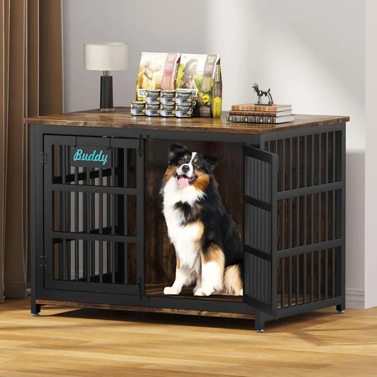 Dog Crate Furniture with Name Tag, Heavy Duty Dog Kennel Indoor for Large and Medium Dogs, Double-Doors Sturdy Dog Cage