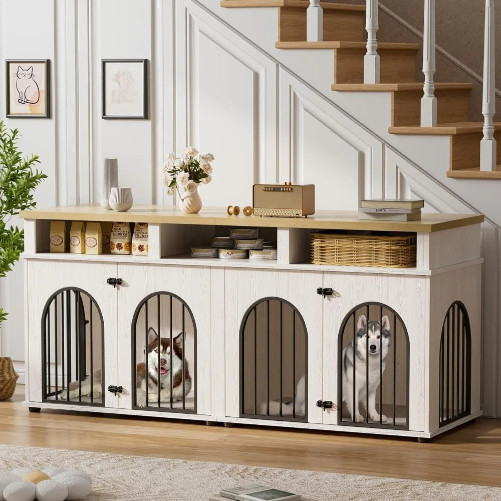 Garvee Double Dog Crate Furniture 71 Dog Kennel Furniture for 2 Medium Dogs, Heavy Duty Dogs Cage XL Dogs House Indoor with 3 St