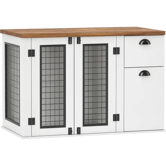 44-Inch Dog Crate with Double Door and Storage Drawer, Indoor Furniture Style Cage for Medium Dogs, White
