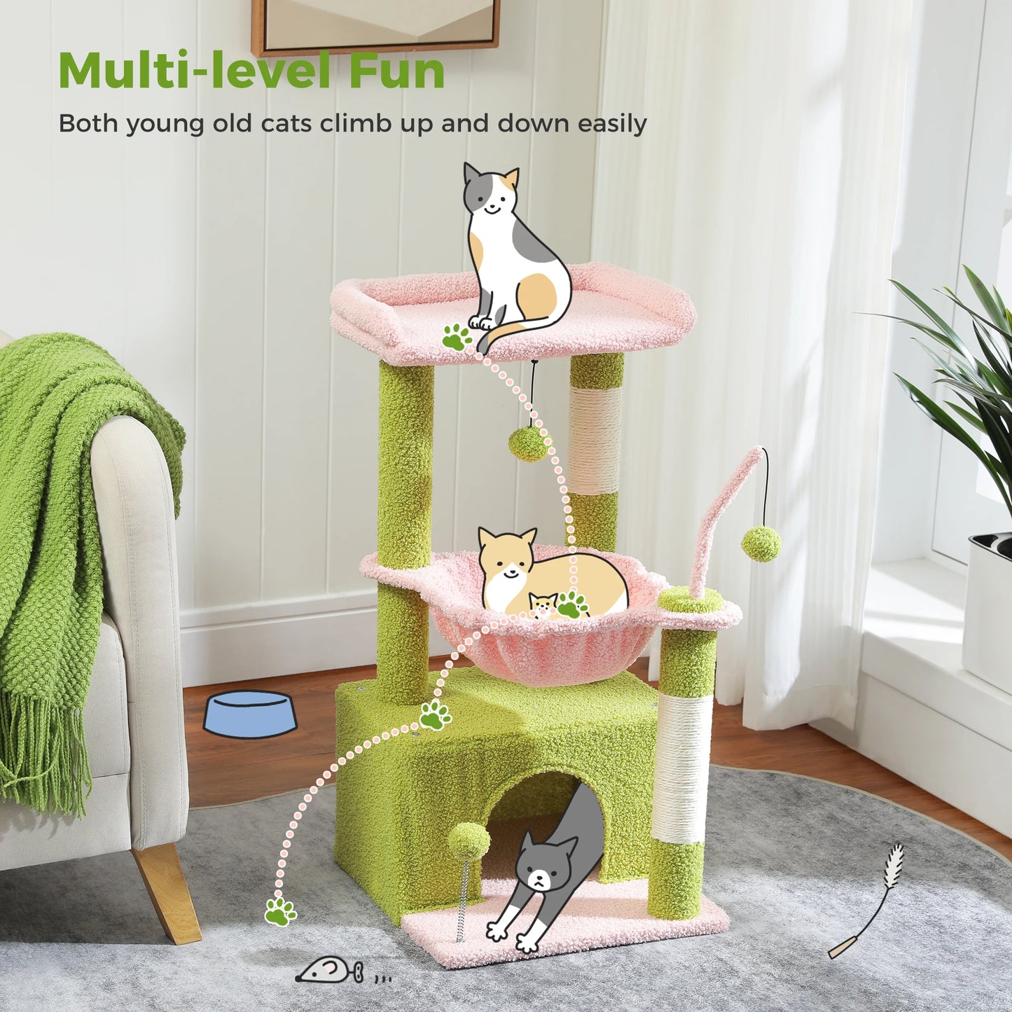 Small Cat Tower with Large Condo, Scratching Post, Deep Hammock, Cozy Top Perch, or 4-in-1 Cactus Cat Tree for Indoor Cat, Cat Toys