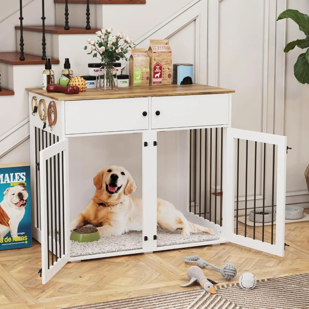 Dog Crate Furniture, 41 Inch Dog Kennel Indoor with Removable Divider & Double Doors, Wooden Dog Crates for 2 Dogs,