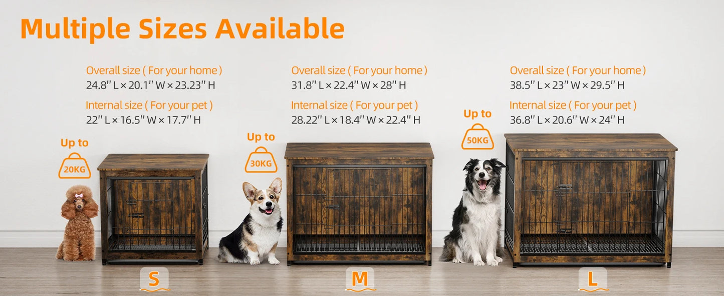 Large Elevated Dog Crate Wooden Dog Kennel Cage Pet House End Table with Double Door and Removable Tray Rustic Furniture Indoor