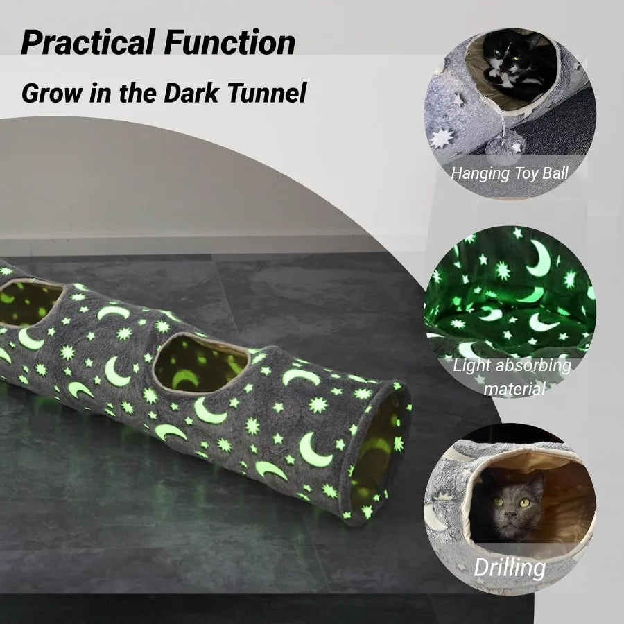 Collapsible Self-Luminous Photoluminescent Cat Tunnel Tube with Plush Ball Toys for Small Pets Bunny Rabbits Kittens Ferrets Pup