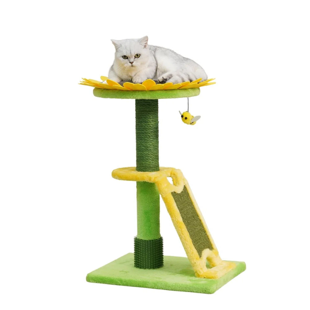 2-Level Cat Scratching Post with Sunflower Design Sisal Rope Bee Toy Sturdy Base Easy Assembly Promotes Healthy Claws Portable