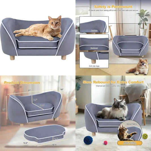 Gray 27-inch pet sofa with cushion, removable cover and wooden legs for small dogs and cats