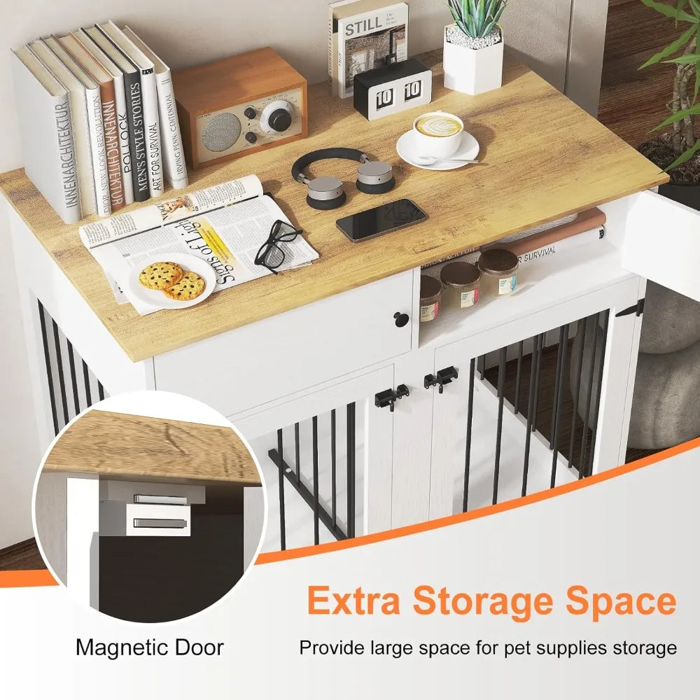 Dog Crate Furniture, 41 Inch Dog Kennel Indoor with Removable Divider & Double Doors, Wooden Dog Crates for 2 Dogs,