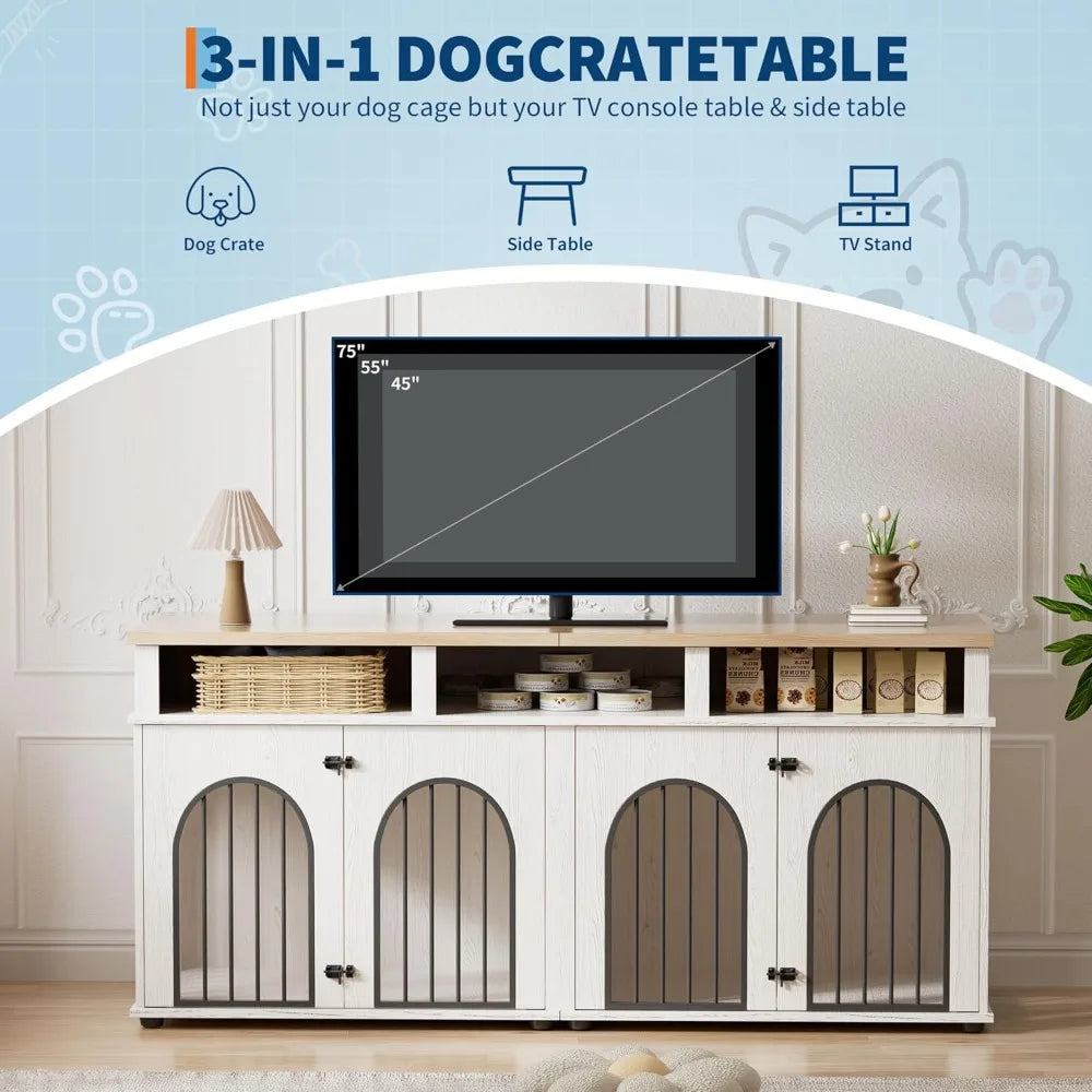 Garvee Double Dog Crate Furniture 71 Dog Kennel Furniture for 2 Medium Dogs, Heavy Duty Dogs Cage XL Dogs House Indoor with 3 St