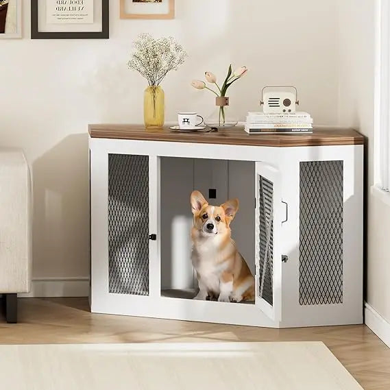 Xilingol Corner Dog Crate Furniture, Wooden Dog Kennel End Table with Mesh, Cage/House for Small Medium Large Dog, Decorative Pe