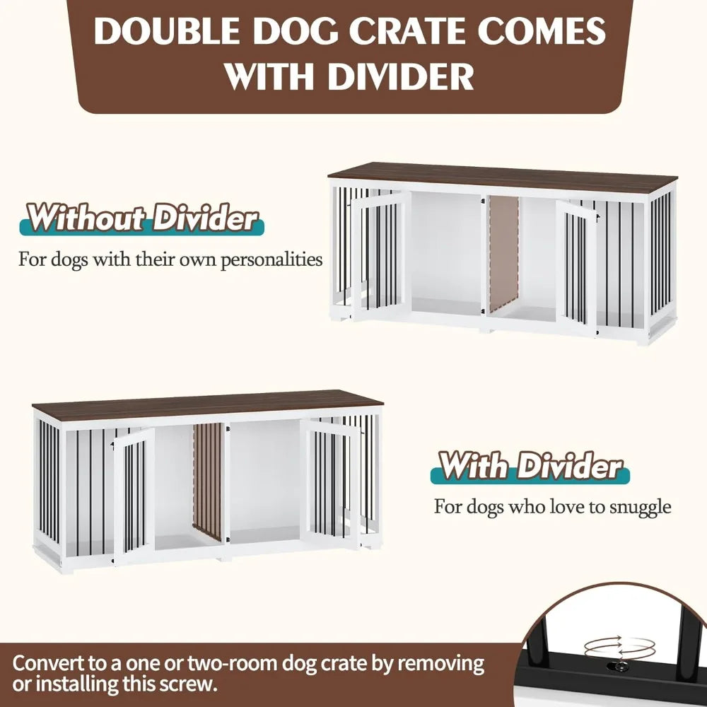 Large Double Dog Crate Furniture, Wooden Dog Kennel House with Divider & 2 Trays, for Large or 2 Medium Breeds Indoor