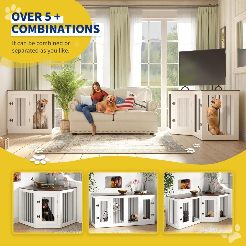 Large Dog Crate Furniture for 3 Dogs, 113'' Corner Dog Crate with Divider, 3 in 1 Heavy Duty Indoor Wooden Dog Kennel Furniture