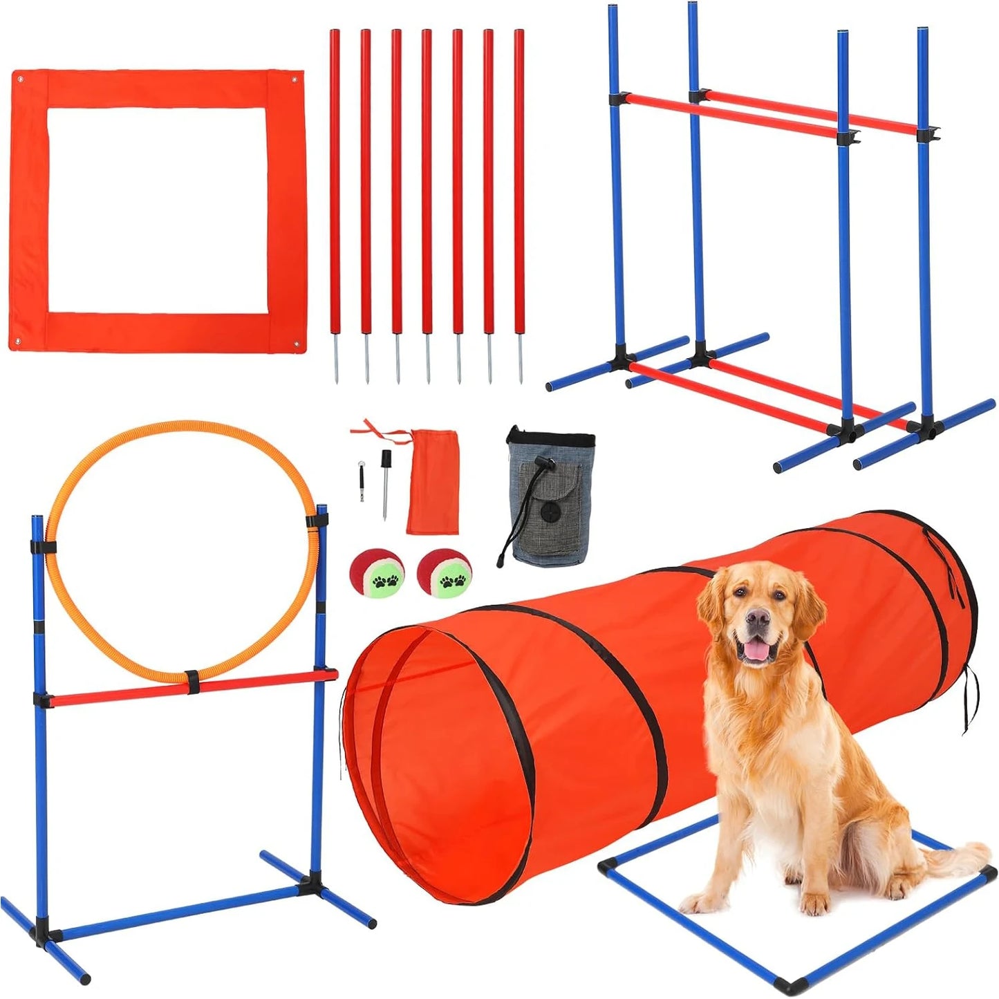 87 Pcs Dog Agile Training Equipment Set 
Obstacle Course Kit with 70" Tunnel, Tire Jump, Hurdle Jump, Weave Poles for Outdoor