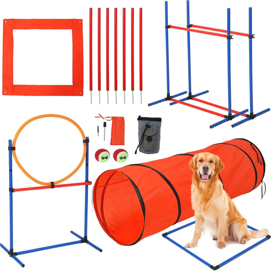 87 Pcs Dog Agile Training Equipment Set 
Obstacle Course Kit with 70" Tunnel, Tire Jump, Hurdle Jump, Weave Poles for Outdoor