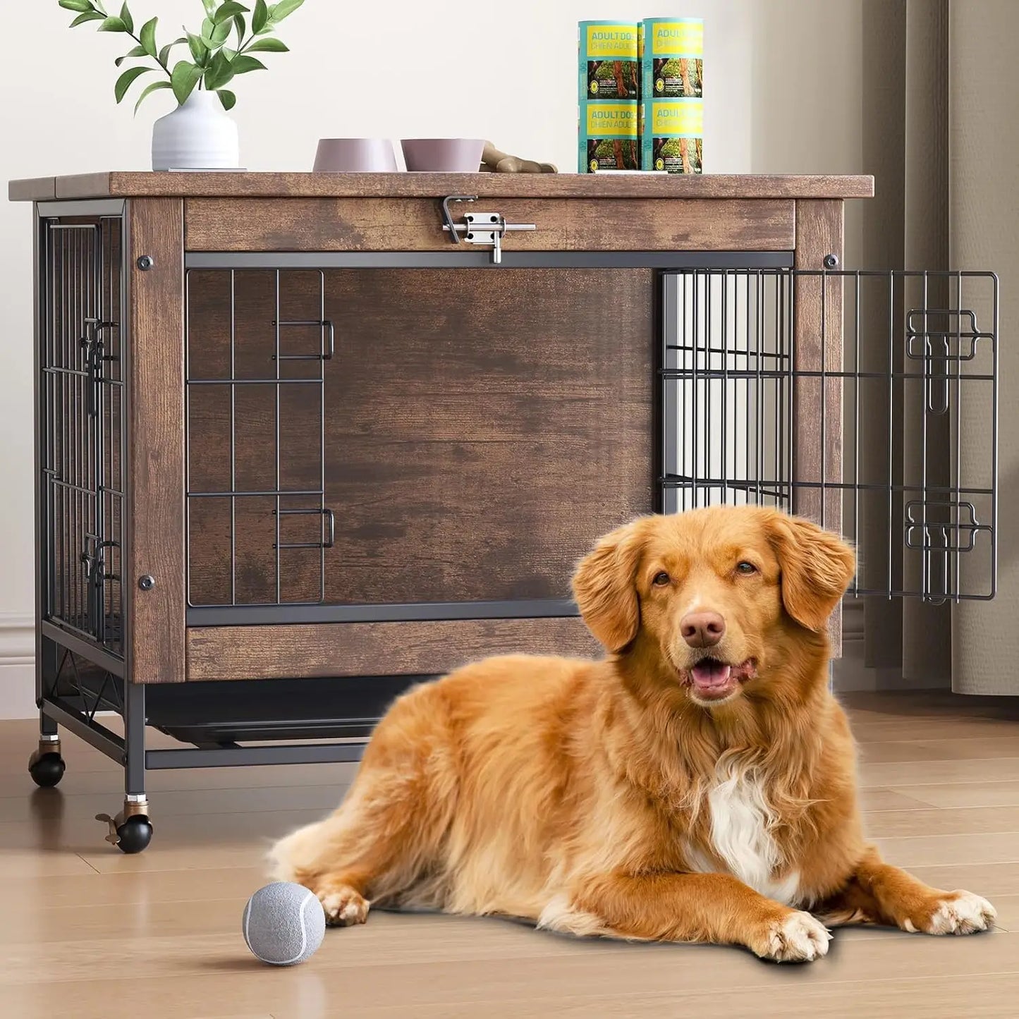 Dog Crate Furniture with Wheels, Side End Table, Dog Cage with 2 Doors & Tray, Lockable Pet Crate for Small/Medium Dogs