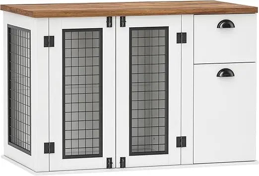 44-Inch Dog Crate with Double Door and Storage Drawer, Indoor Furniture Style Cage for Medium Dogs, White