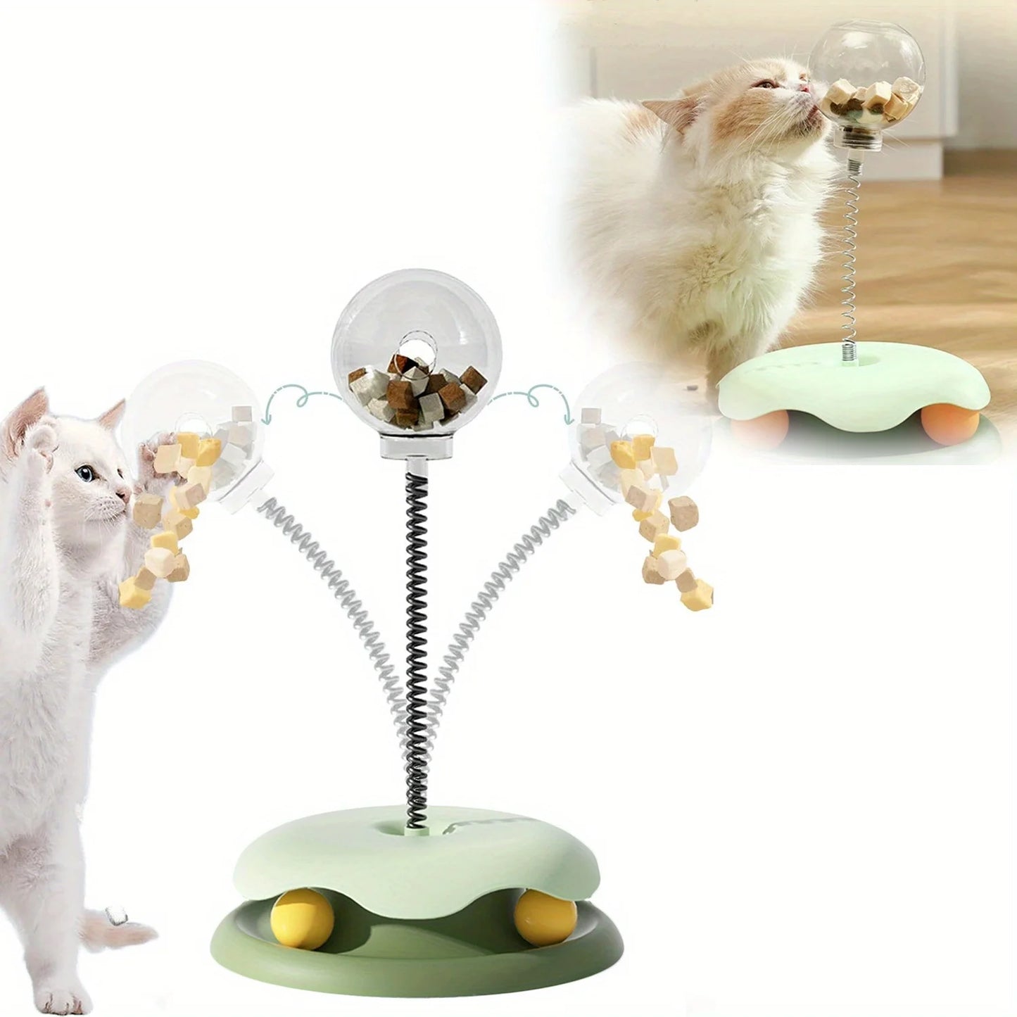 Cat Toy Ball Track with Treat Dispensing Ball, 3-in-1 Self-Entertainment for Cats, Educational Slow-Feeding Toy Ball, Cat Teaser Wand Combined with Ball Track, Spring Treat Dispensing Ball, Cat Pet Supplies