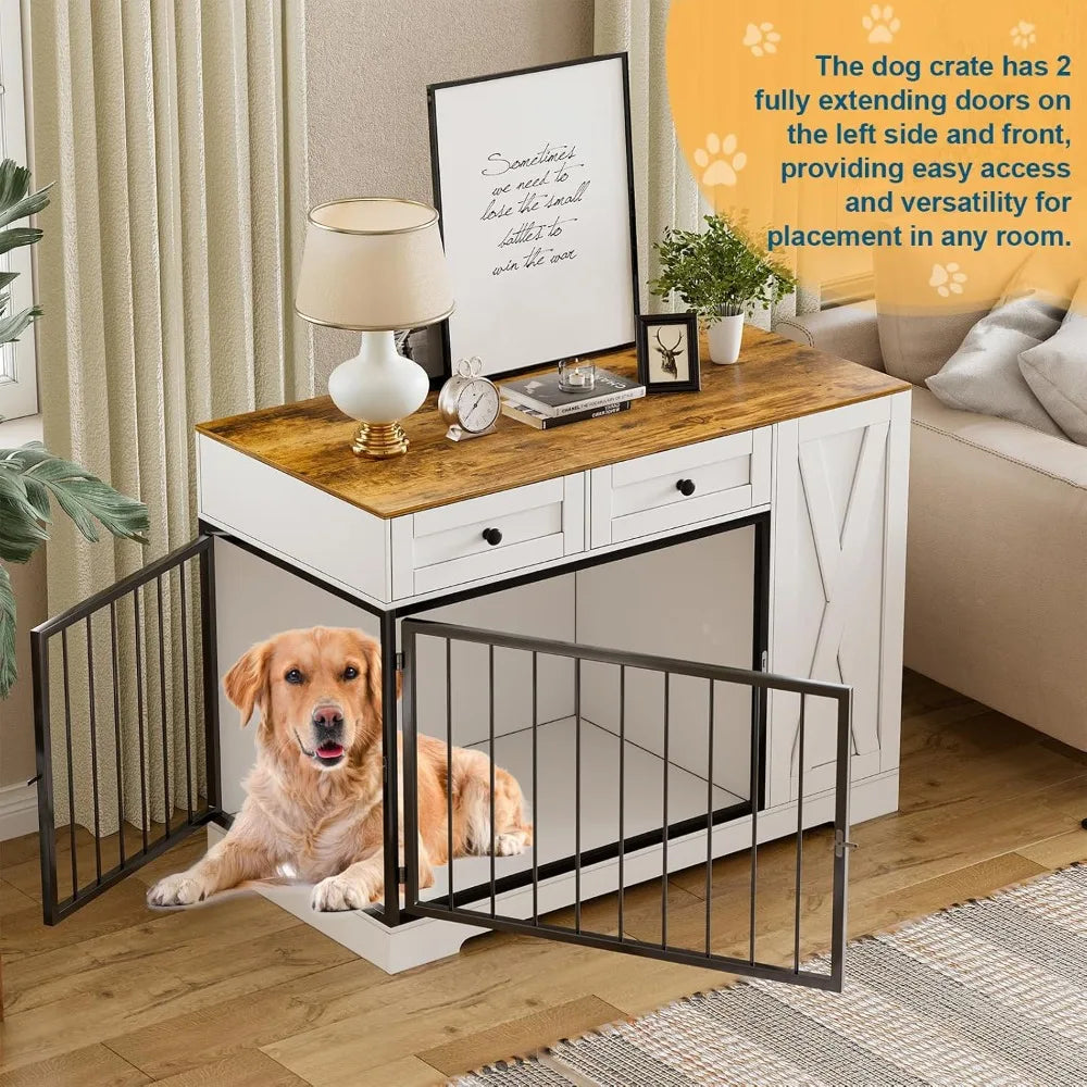 Dog Crate Furniture, Dog Crate for Small to Large Dogs with Storage Cabinet and Feeder, Dog Kennel Furniture with Double Doors
