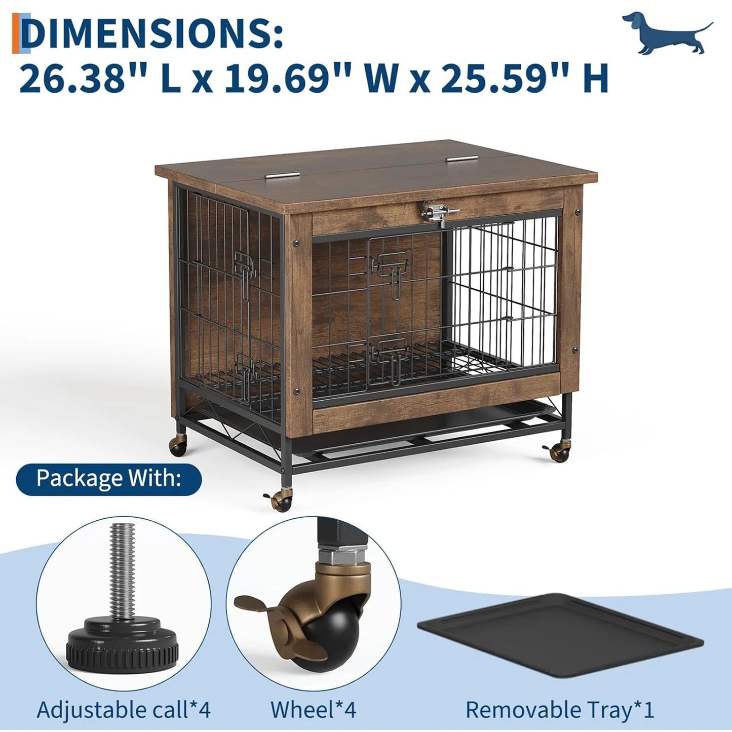 Dog Crate Furniture with Wheels, Side End Table, Dog Cage with 2 Doors & Tray, Lockable Pet Crate for Small/Medium Dogs