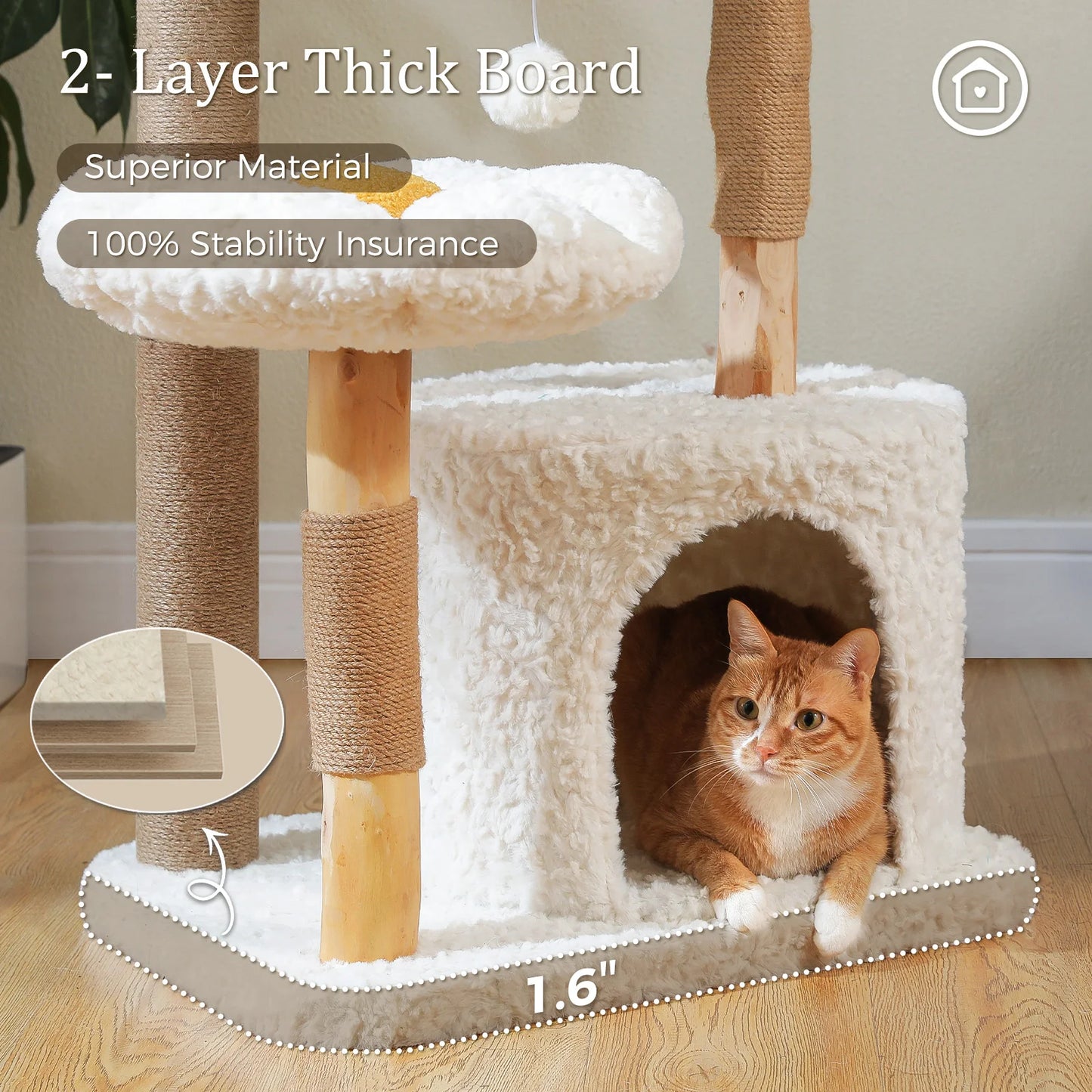 Solid Wood Cat Tree Modern Cat Tower with Spacious Cat Condo,Flower Perches,Fun Pompom,Double Comfort Perfect for Indoor Kittes