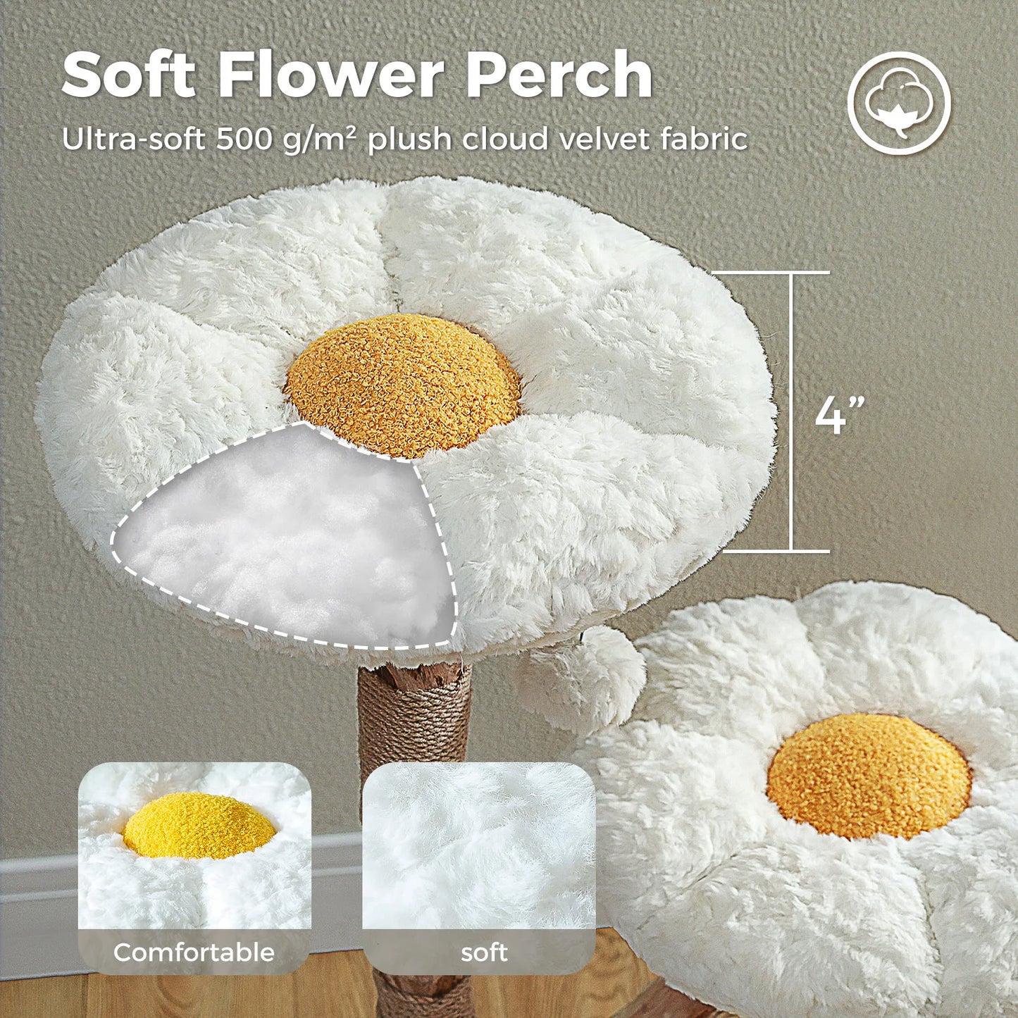 Solid Wood Cat Tree Modern Cat Tower with Spacious Cat Condo,Flower Perches,Fun Pompom,Double Comfort Perfect for Indoor Kittes