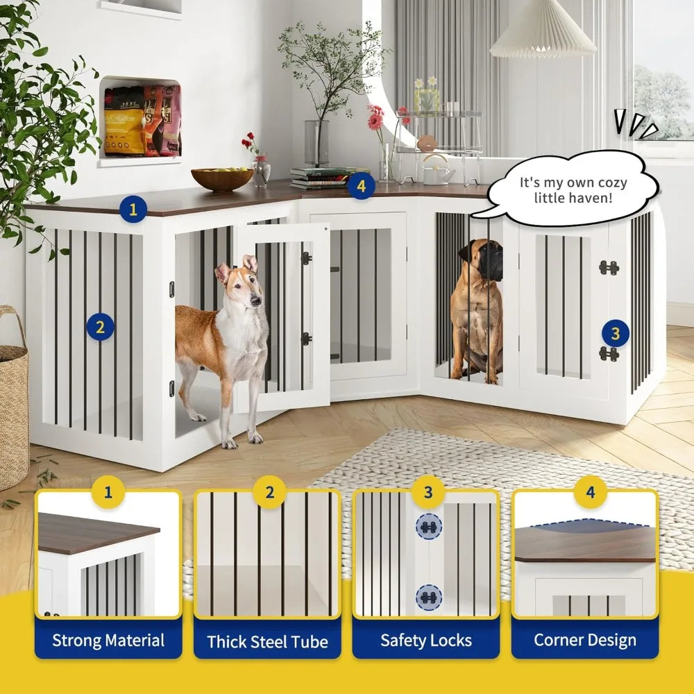 Large Dog Crate Furniture for 3 Dogs, 113'' Corner Dog Crate with Divider, 3 in 1 Heavy Duty Indoor Wooden Dog Kennel Furniture
