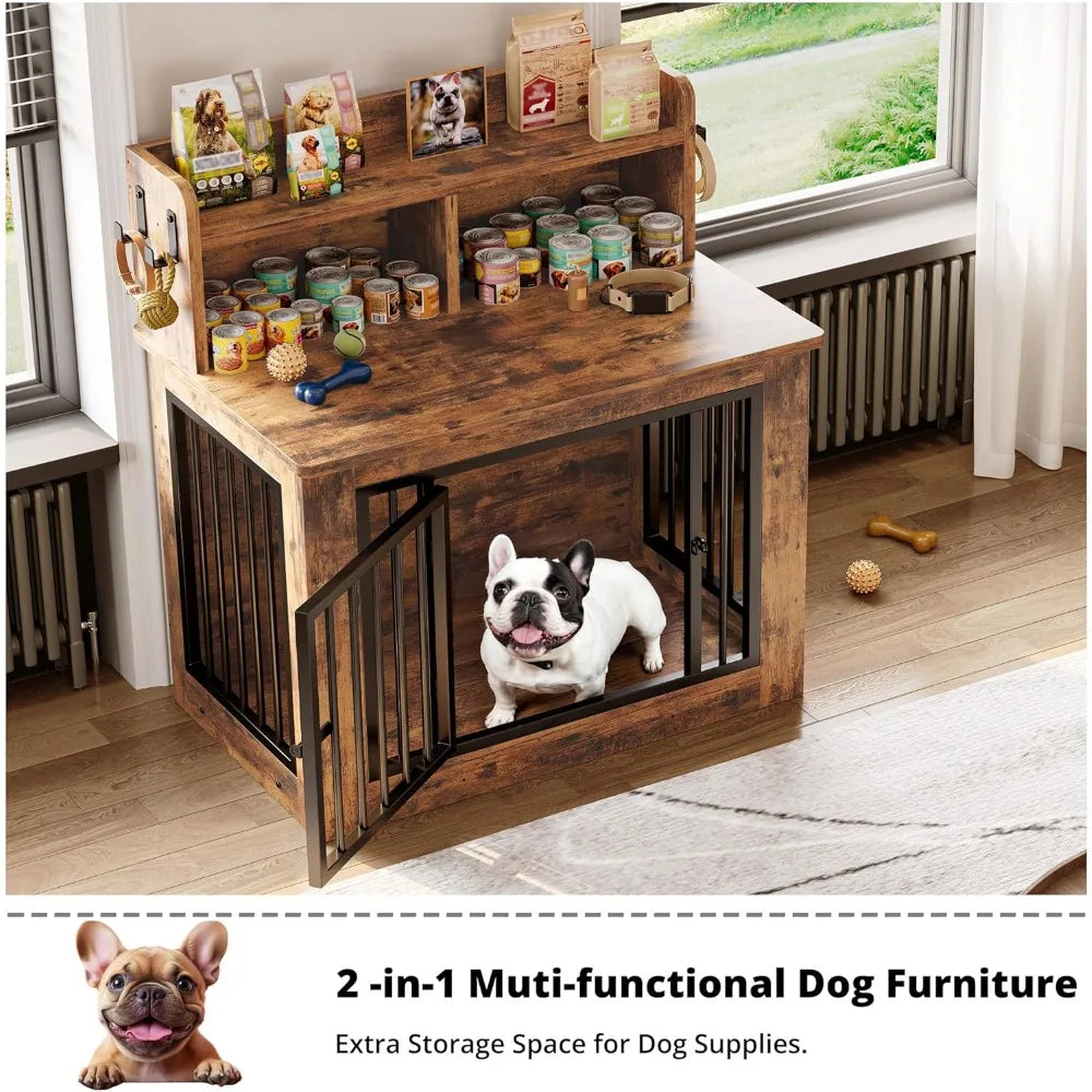 Dog Crate Furniture, 33.4 inches Wooden Small Dog Crate with Storage and 4 Hooks, Heavy Duty Pet Crate for Small Dog, Dec