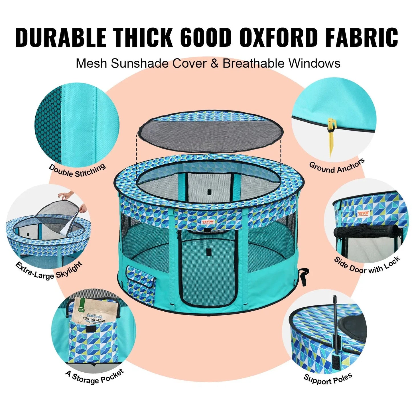 Foldable Pet Playpen 44'' x 44'' x 24'' Portable Dog Playpen Crate Kenne 600D Oxford Cloth, Removable Zipper (Round, L)