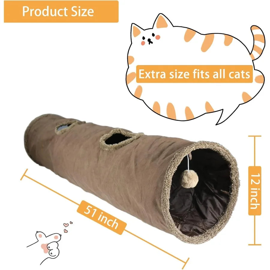 Foldable Indoor Cat Tunnel for Large Cats 51×12 Inch with Two Peepholes and Bubble Ball Toy Brown Suede Design for Playtime and