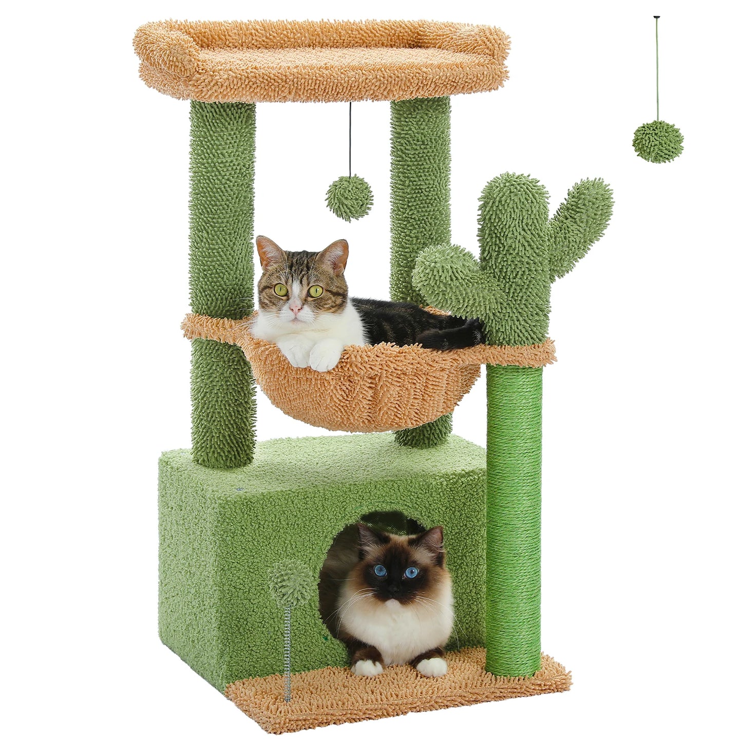 Small Cat Tower with Large Condo, Scratching Post, Deep Hammock, Cozy Top Perch, or 4-in-1 Cactus Cat Tree for Indoor Cat, Cat Toys