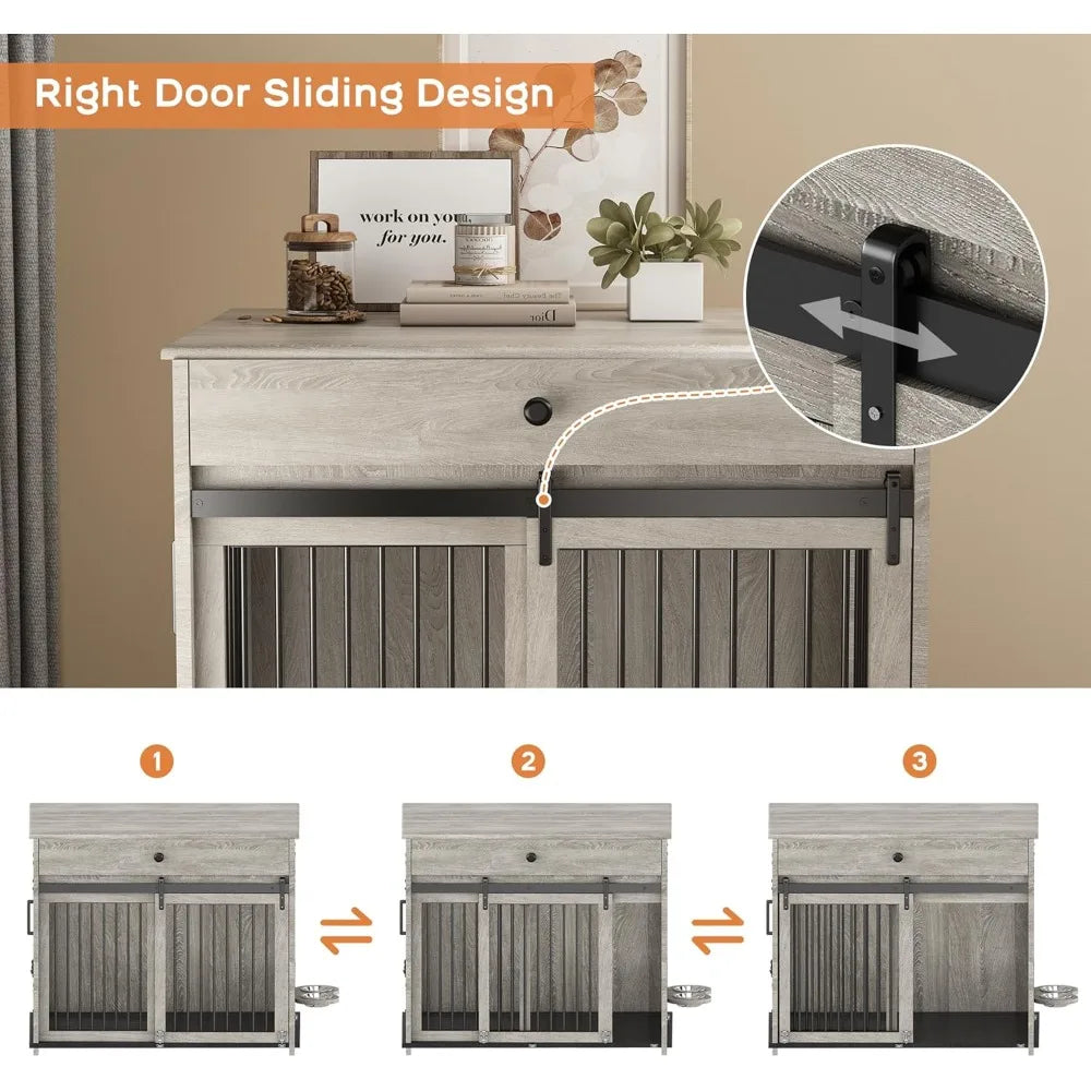 Wooden Storage Drawer Dog Crate with Sliding Door for Medium to Large Dogs, Indoor Pet House with Side Table