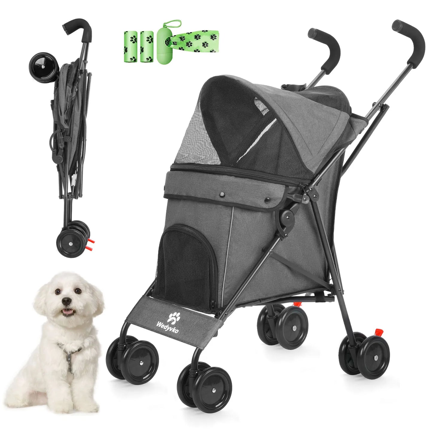 Pet Dog Stroller 4 Wheels Puppy Stroller Rotate with Brakes Storage for Dogs Cats Travel Pet Supplies Outdoor